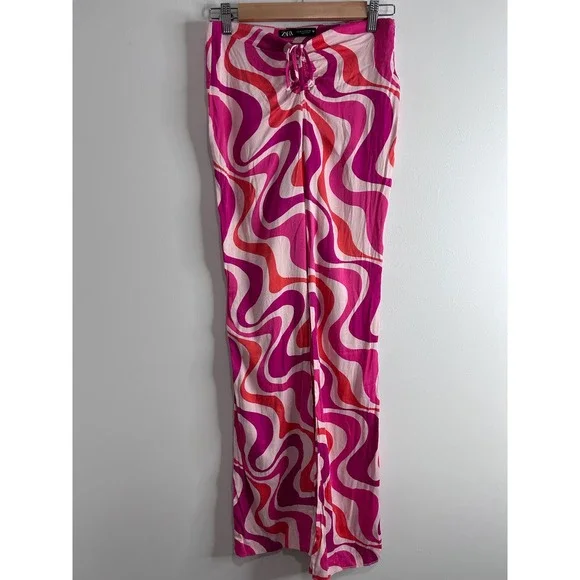 Zara Pink Orange Psychedelic Swirl Halter Top & Wide Leg Pants Set M Disco Retro - Picture 10 of 16